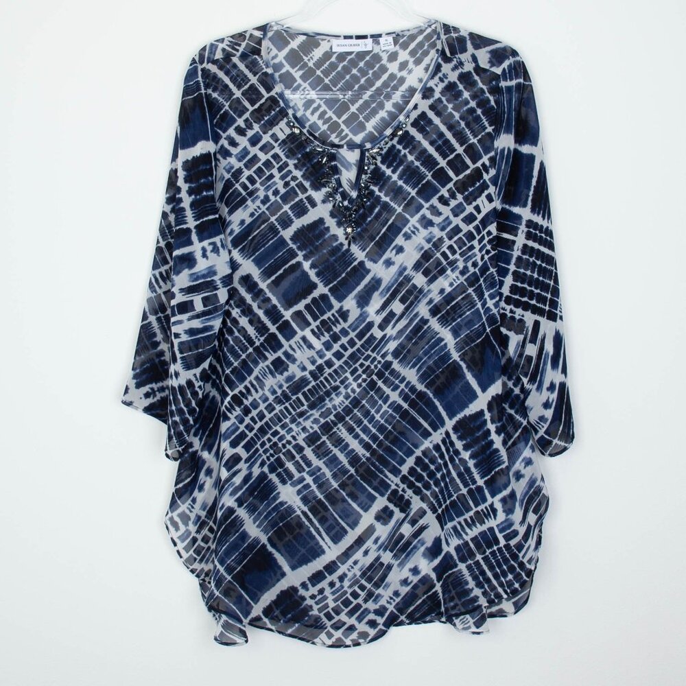 Susan Graver Womens Printed Embellished Sheer Chiffon‎ Tunic Top Size 16 Black